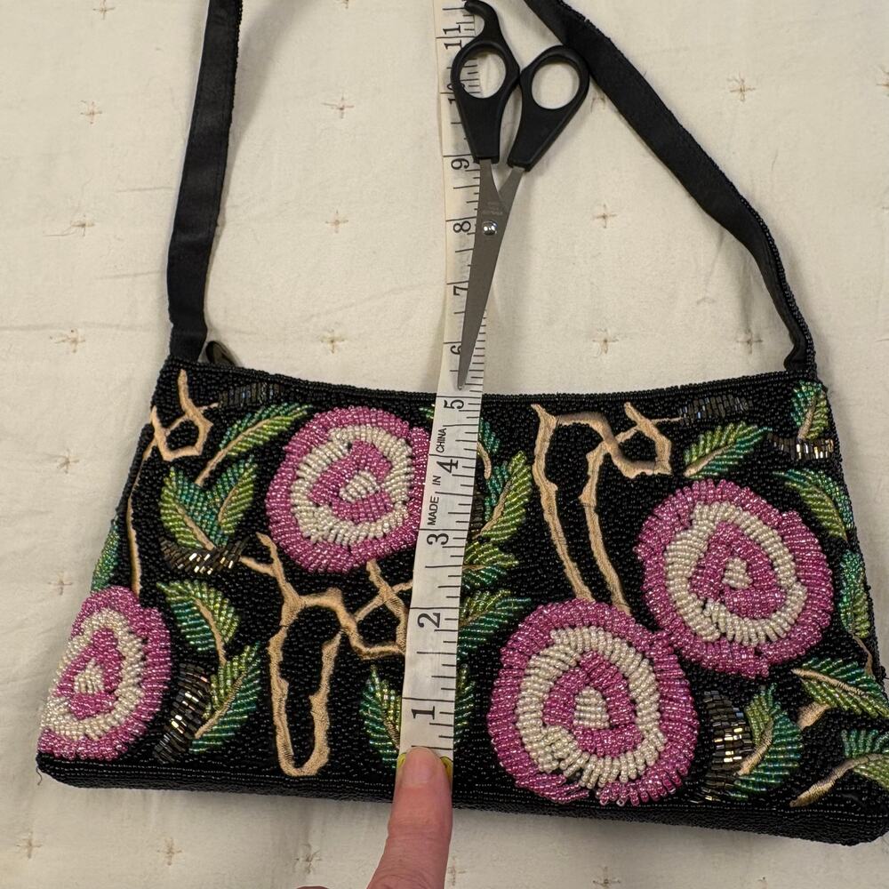 Y2K Vintage Beaded Floral Clutch Bag Black Pink Evening Wedding Handbag Purse - Picture 8 of 10